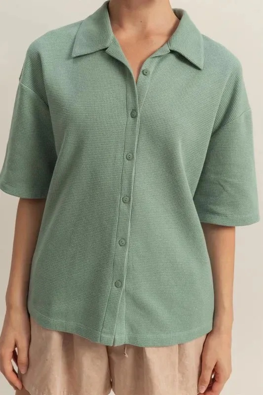 Lore Button Down Waffle Shirt - Sage