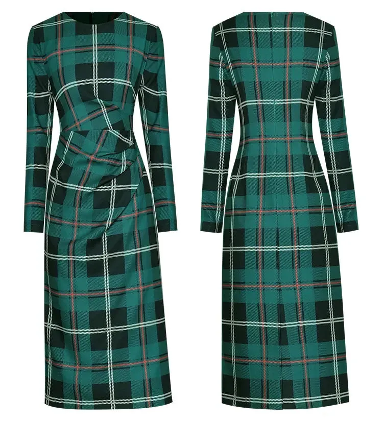 Lottie Long Sleeve Green Plaid Print Slim Lady Office Sheath Pencil Dress