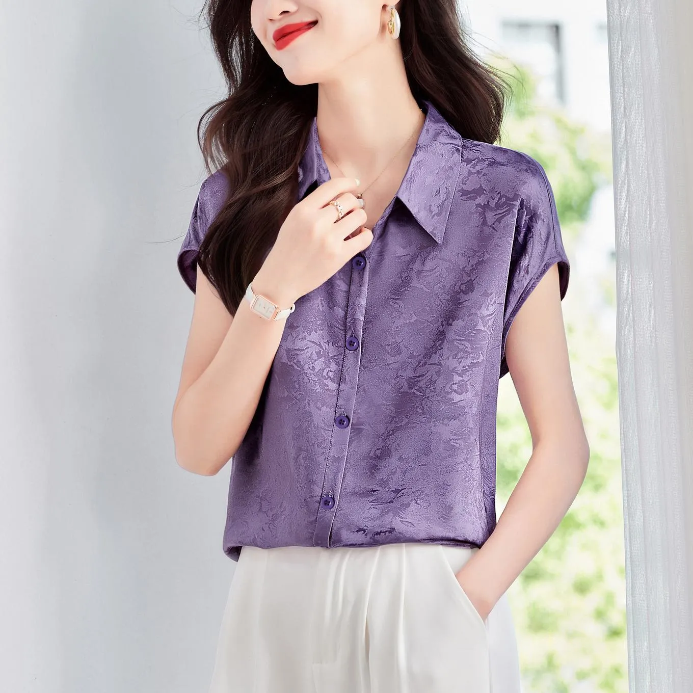 Luxurious Slinky Silk Blouse with Jacquard and Embossed Design