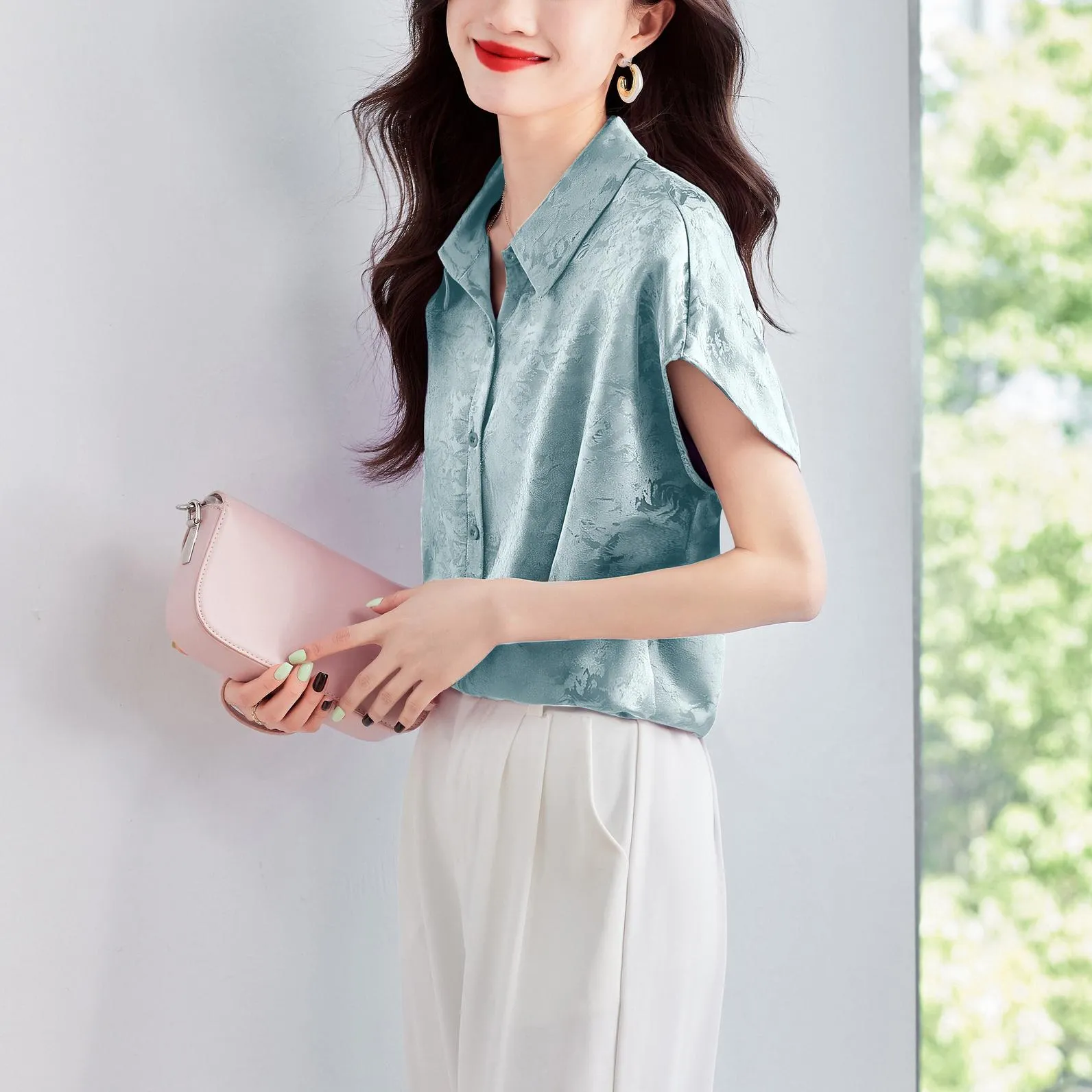 Luxurious Slinky Silk Blouse with Jacquard and Embossed Design