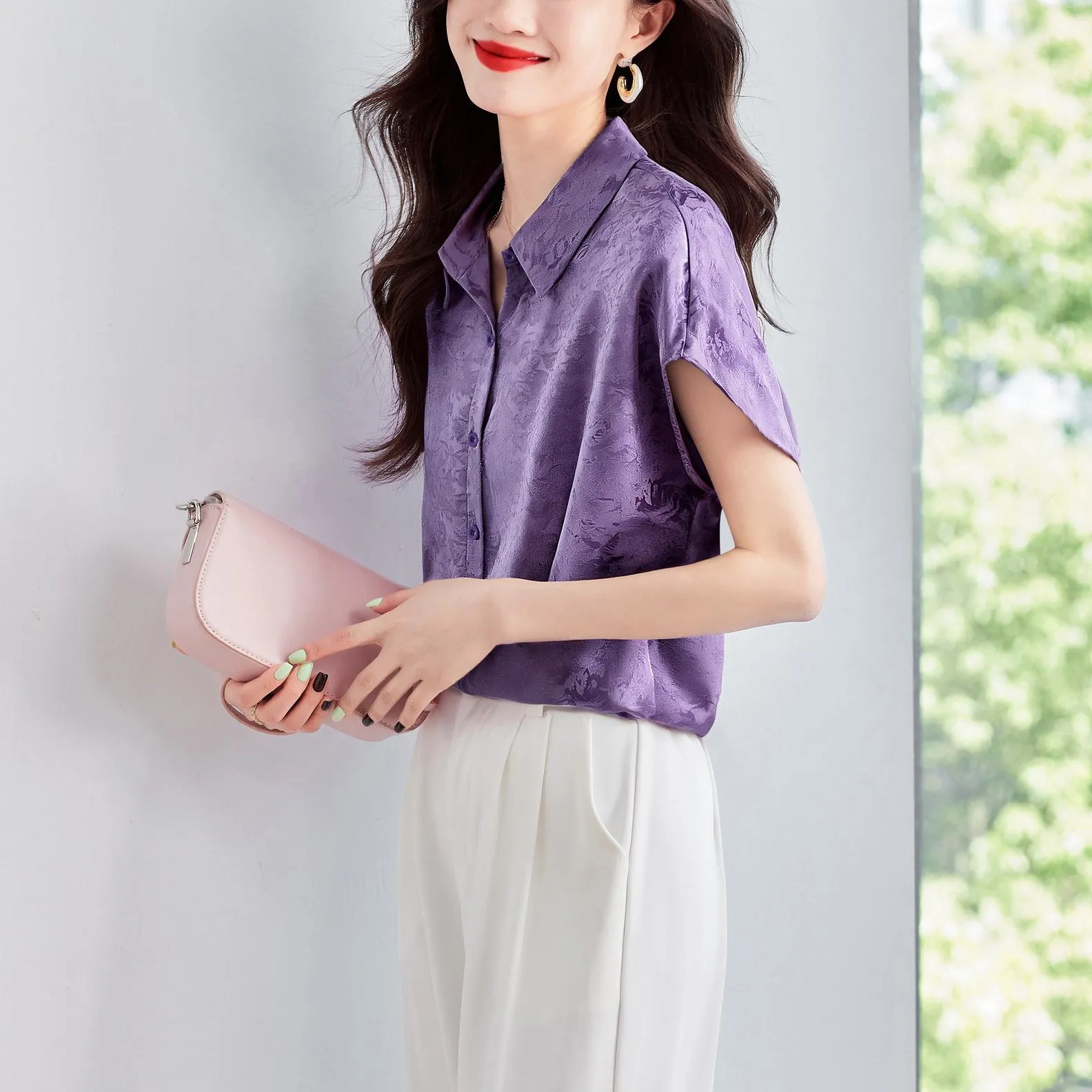Luxurious Slinky Silk Blouse with Jacquard and Embossed Design