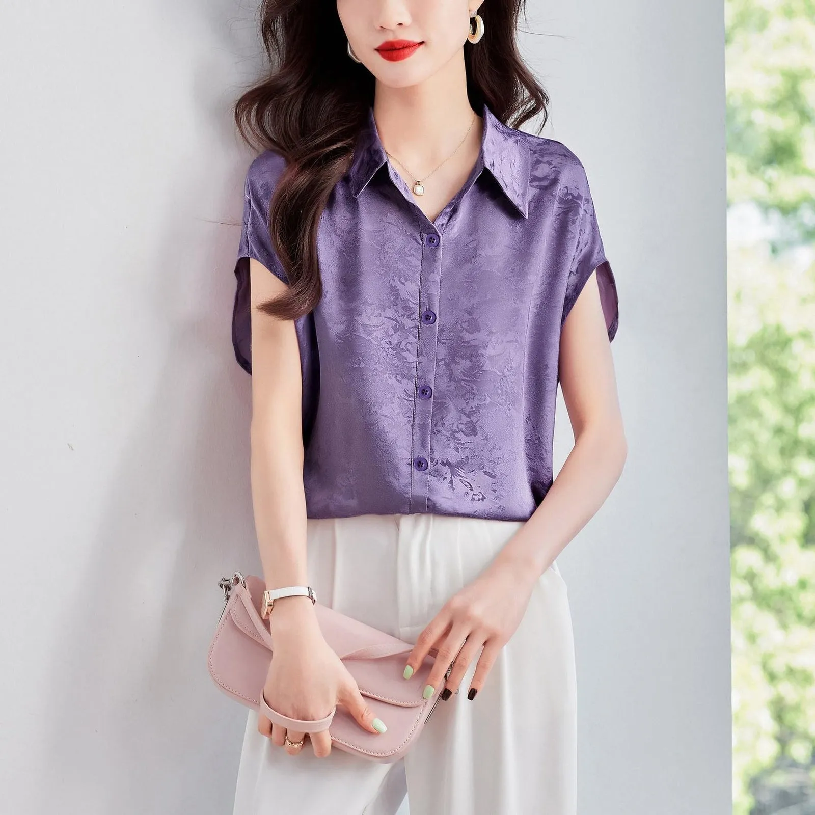 Luxurious Slinky Silk Blouse with Jacquard and Embossed Design
