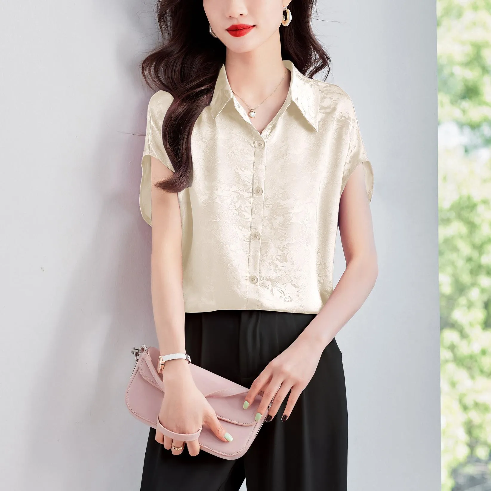 Luxurious Slinky Silk Blouse with Jacquard and Embossed Design