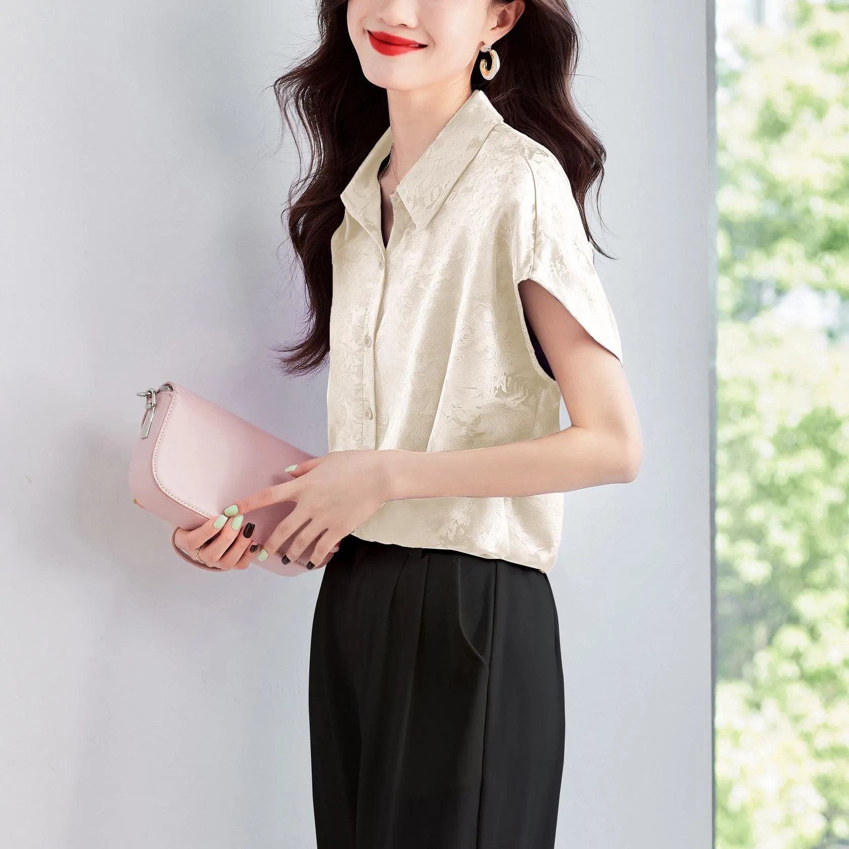 Luxurious Slinky Silk Blouse with Jacquard and Embossed Design