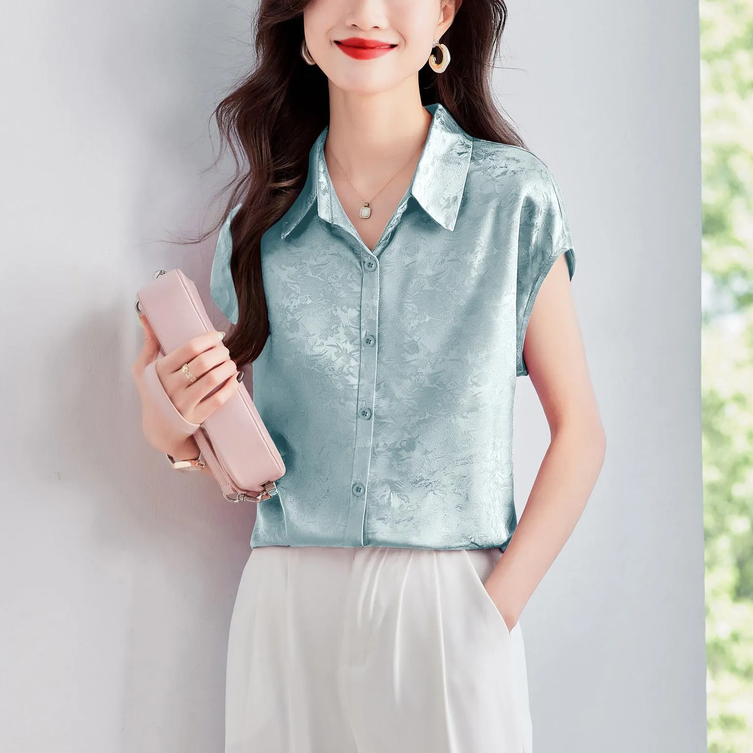 Luxurious Slinky Silk Blouse with Jacquard and Embossed Design