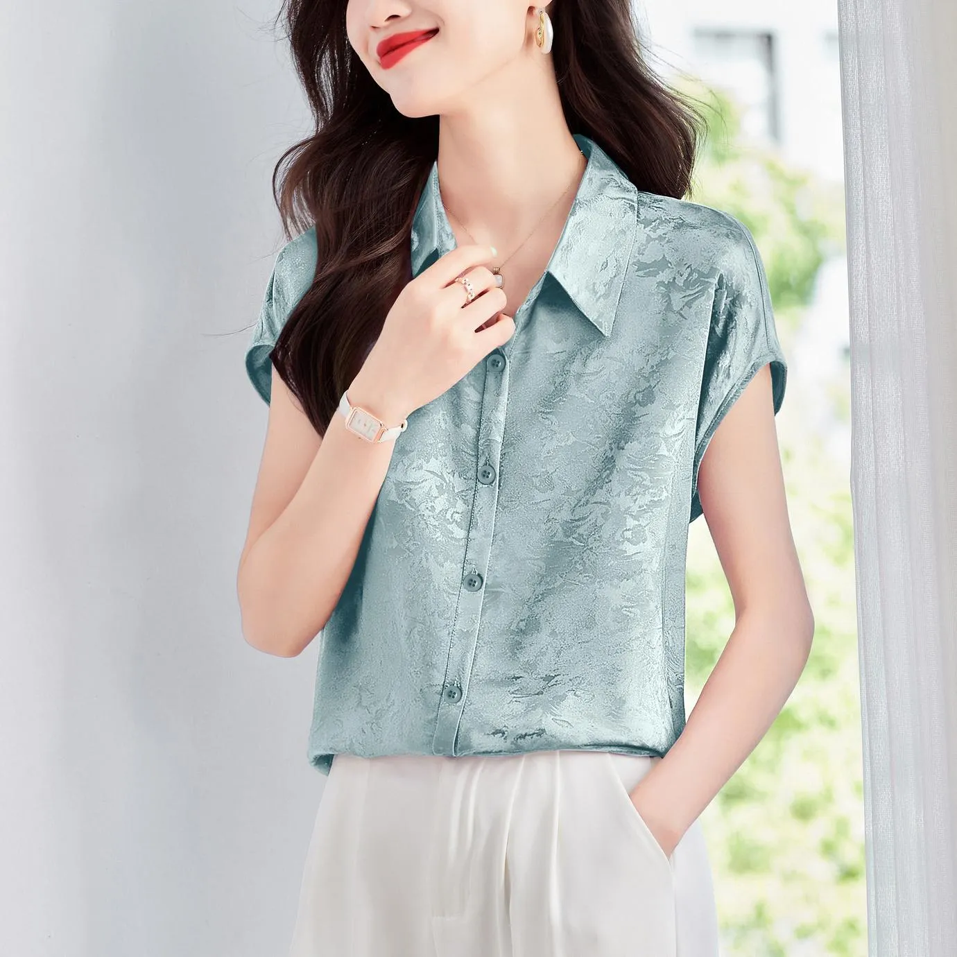 Luxurious Slinky Silk Blouse with Jacquard and Embossed Design