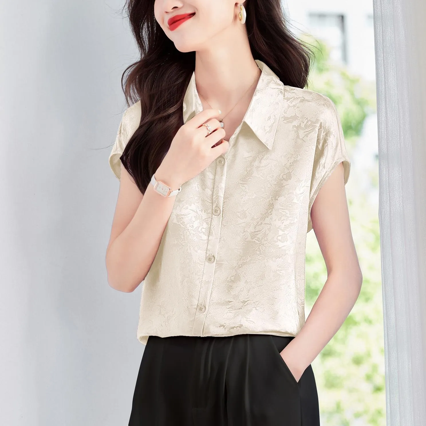 Luxurious Slinky Silk Blouse with Jacquard and Embossed Design