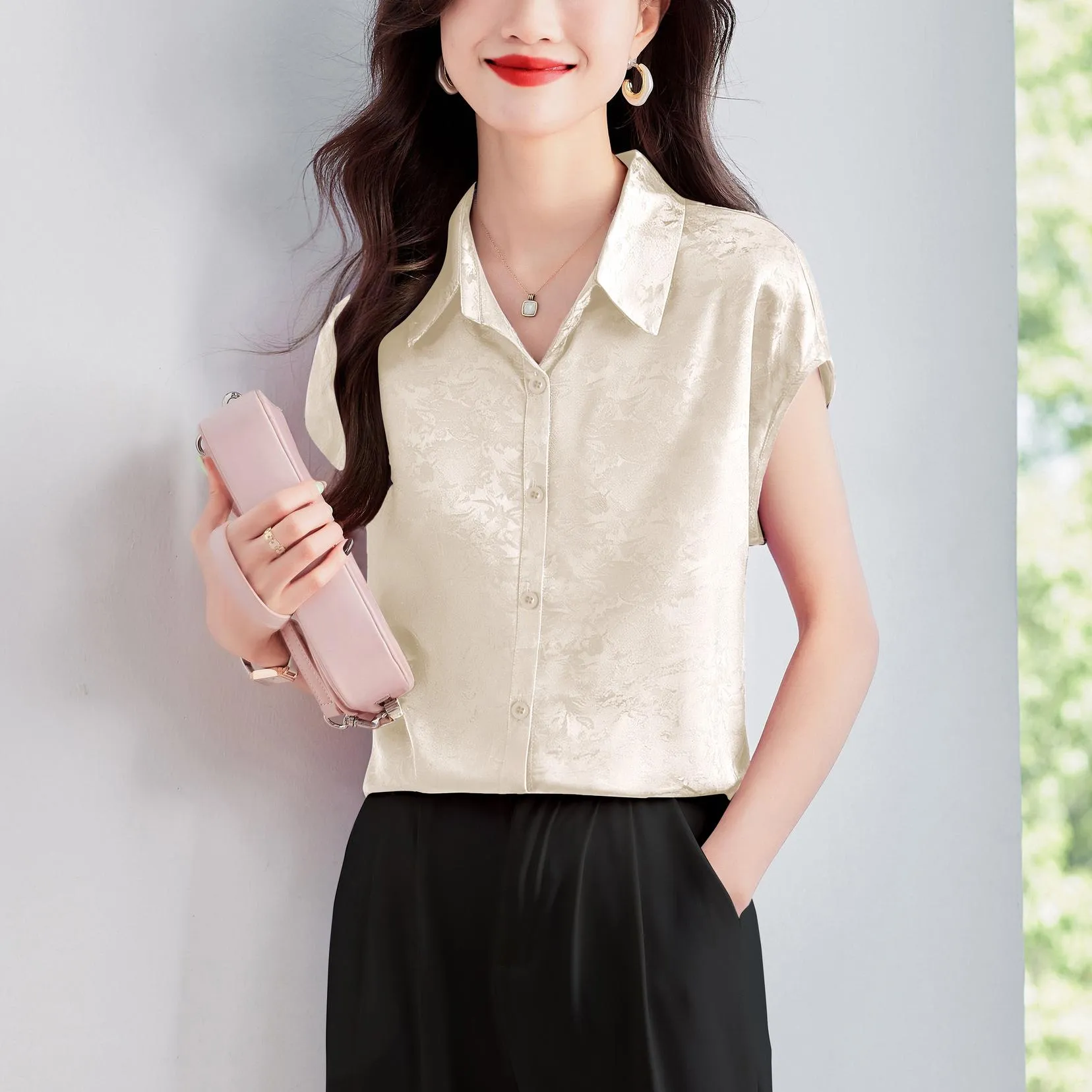 Luxurious Slinky Silk Blouse with Jacquard and Embossed Design