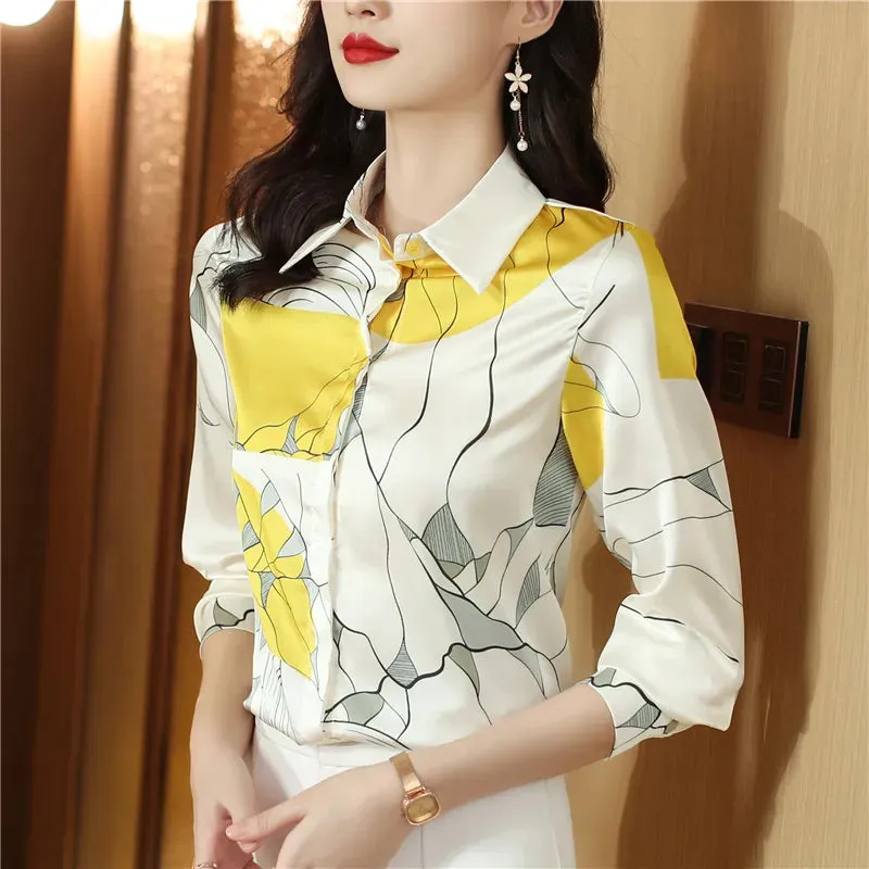 Luxury Silk Satin Retro Floral Shirt Women Designer Long Sleeve Blue Casual Button Up Blouses  Autumn Winter Classic Lapel Runway Shirts Office Ladies Cute Tops