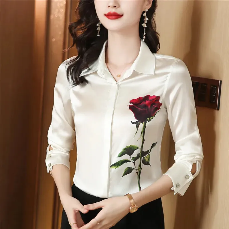 Luxury Silk Satin Retro Floral Shirt Women Designer Long Sleeve Blue Casual Button Up Blouses  Autumn Winter Classic Lapel Runway Shirts Office Ladies Cute Tops