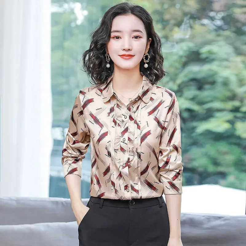 Luxury Silk Satin Retro Floral Shirt Women Designer Long Sleeve Blue Casual Button Up Blouses  Autumn Winter Classic Lapel Runway Shirts Office Ladies Cute Tops