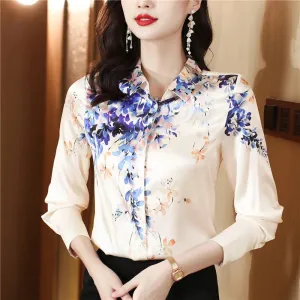 Luxury Silk Satin Retro Floral Shirt Women Designer Long Sleeve Blue Casual Button Up Blouses  Autumn Winter Classic Lapel Runway Shirts Office Ladies Cute Tops