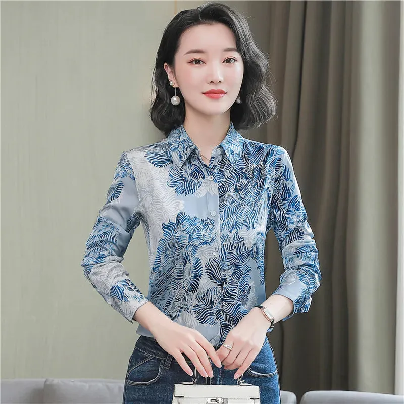 Luxury Silk Satin Retro Floral Shirt Women Designer Long Sleeve Blue Casual Button Up Blouses  Autumn Winter Classic Lapel Runway Shirts Office Ladies Cute Tops