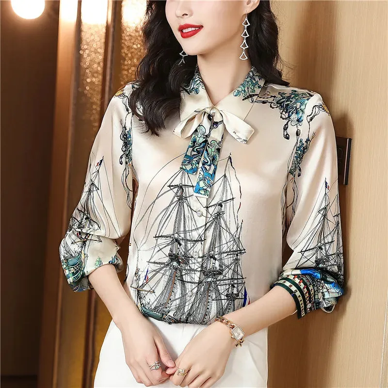 Luxury Silk Satin Retro Floral Shirt Women Designer Long Sleeve Blue Casual Button Up Blouses  Autumn Winter Classic Lapel Runway Shirts Office Ladies Cute Tops