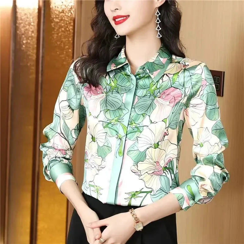 Luxury Silk Satin Retro Floral Shirt Women Designer Long Sleeve Blue Casual Button Up Blouses  Autumn Winter Classic Lapel Runway Shirts Office Ladies Cute Tops