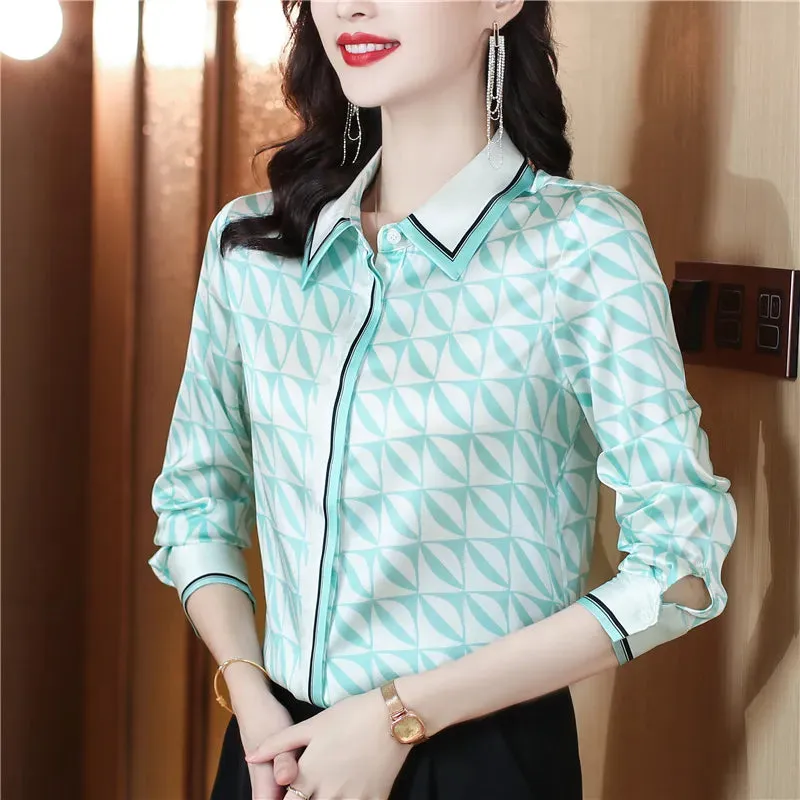 Luxury Silk Satin Retro Floral Shirt Women Designer Long Sleeve Blue Casual Button Up Blouses  Autumn Winter Classic Lapel Runway Shirts Office Ladies Cute Tops