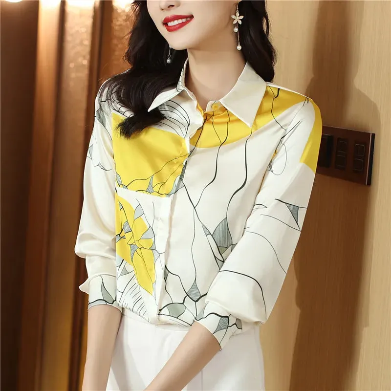 Luxury Silk Satin Retro Floral Shirt Women Designer Long Sleeve Blue Casual Button Up Blouses  Autumn Winter Classic Lapel Runway Shirts Office Ladies Cute Tops
