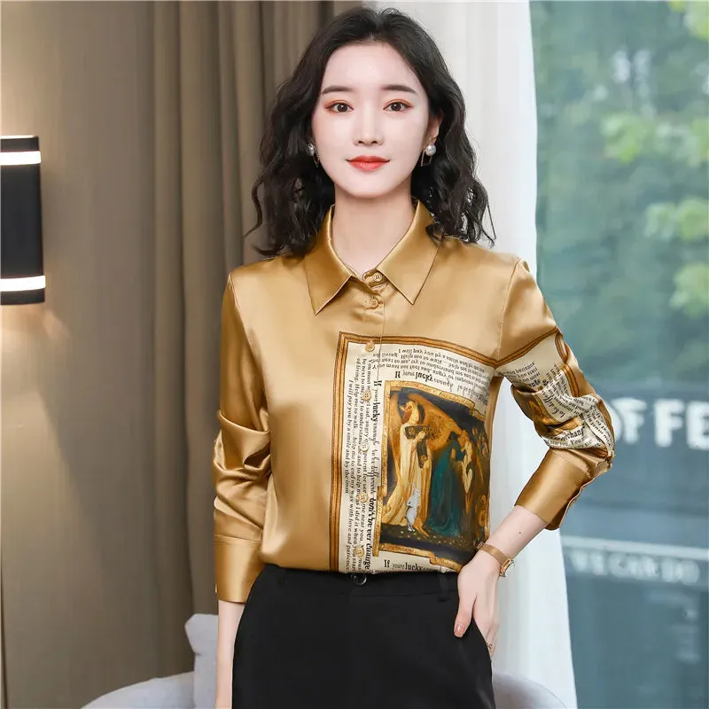 Luxury Silk Satin Retro Floral Shirt Women Designer Long Sleeve Blue Casual Button Up Blouses  Autumn Winter Classic Lapel Runway Shirts Office Ladies Cute Tops