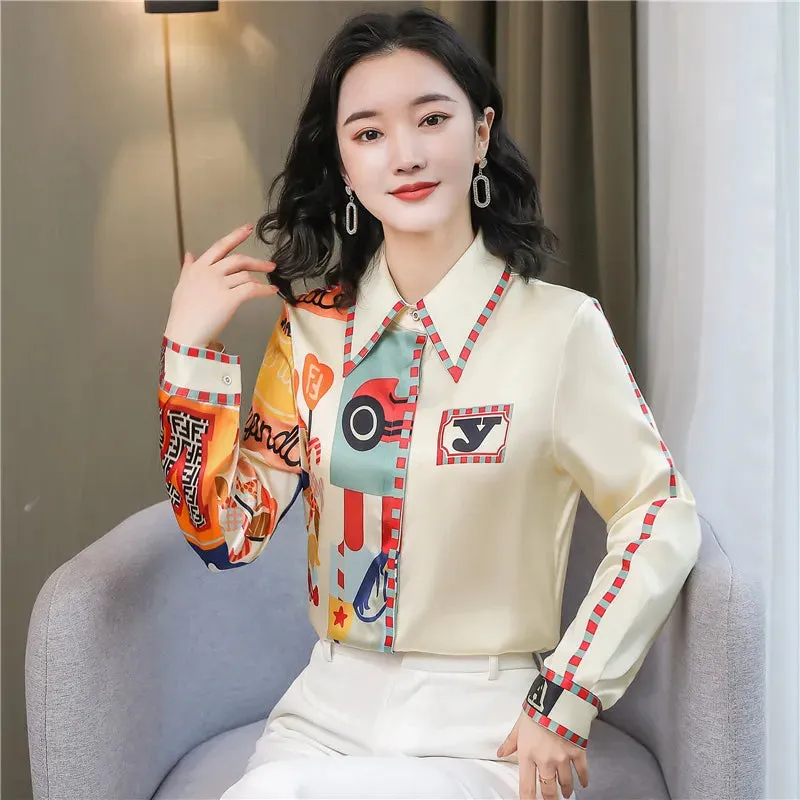 Luxury Silk Satin Retro Floral Shirt Women Designer Long Sleeve Blue Casual Button Up Blouses  Autumn Winter Classic Lapel Runway Shirts Office Ladies Cute Tops