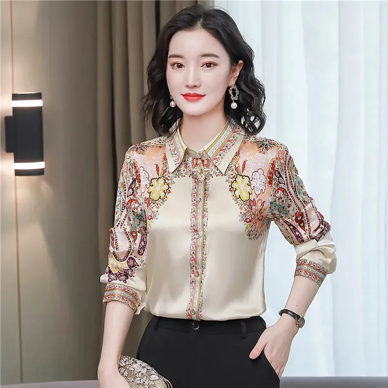 Luxury Silk Satin Retro Floral Shirt Women Designer Long Sleeve Blue Casual Button Up Blouses  Autumn Winter Classic Lapel Runway Shirts Office Ladies Cute Tops