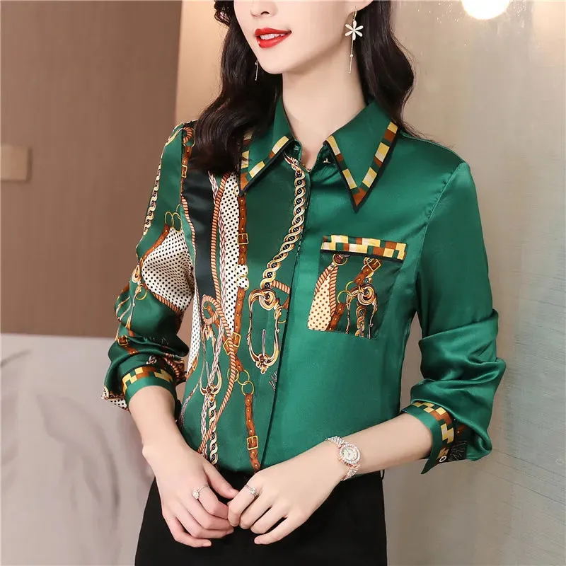 Luxury Silk Satin Retro Floral Shirt Women Designer Long Sleeve Blue Casual Button Up Blouses  Autumn Winter Classic Lapel Runway Shirts Office Ladies Cute Tops