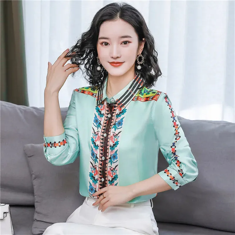 Luxury Silk Satin Retro Floral Shirt Women Designer Long Sleeve Blue Casual Button Up Blouses  Autumn Winter Classic Lapel Runway Shirts Office Ladies Cute Tops