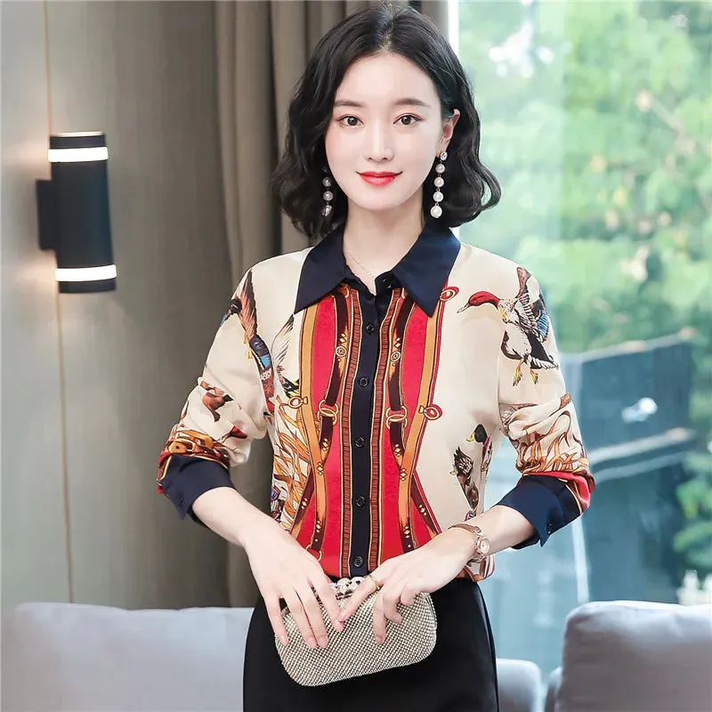Luxury Silk Satin Retro Floral Shirt Women Designer Long Sleeve Blue Casual Button Up Blouses  Autumn Winter Classic Lapel Runway Shirts Office Ladies Cute Tops