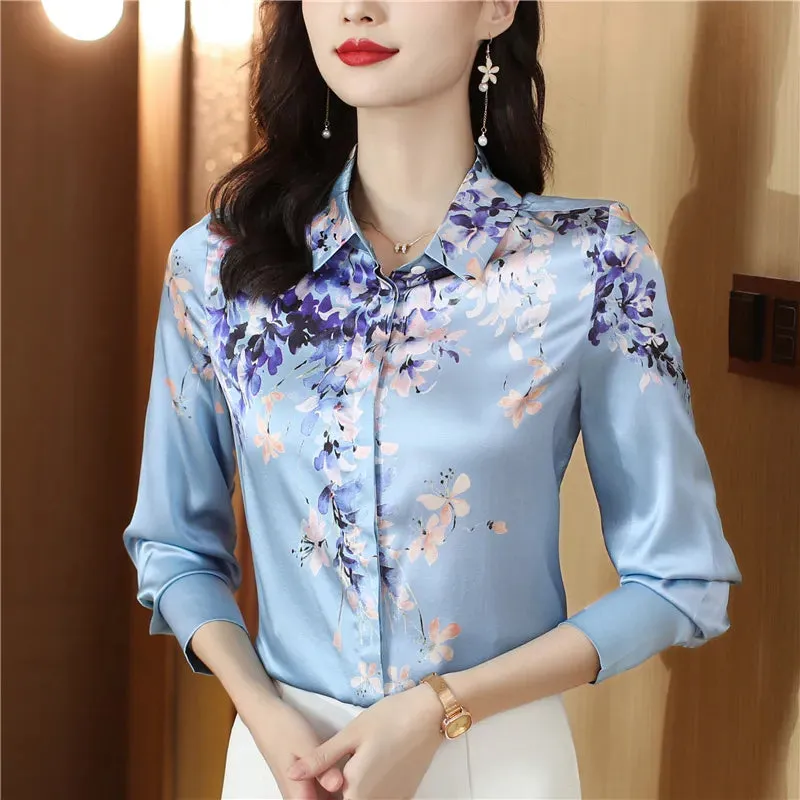 Luxury Silk Satin Retro Floral Shirt Women Designer Long Sleeve Blue Casual Button Up Blouses  Autumn Winter Classic Lapel Runway Shirts Office Ladies Cute Tops