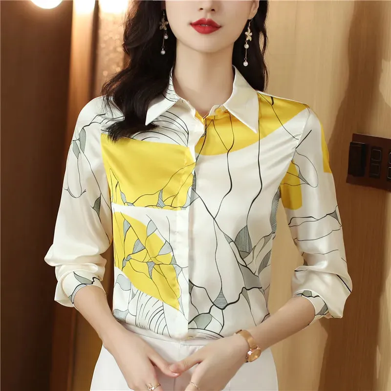 Luxury Silk Satin Retro Floral Shirt Women Designer Long Sleeve Blue Casual Button Up Blouses  Autumn Winter Classic Lapel Runway Shirts Office Ladies Cute Tops