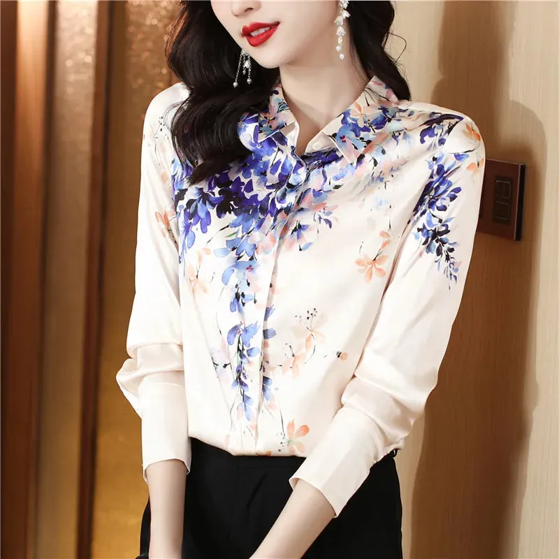 Luxury Silk Satin Retro Floral Shirt Women Designer Long Sleeve Blue Casual Button Up Blouses  Autumn Winter Classic Lapel Runway Shirts Office Ladies Cute Tops