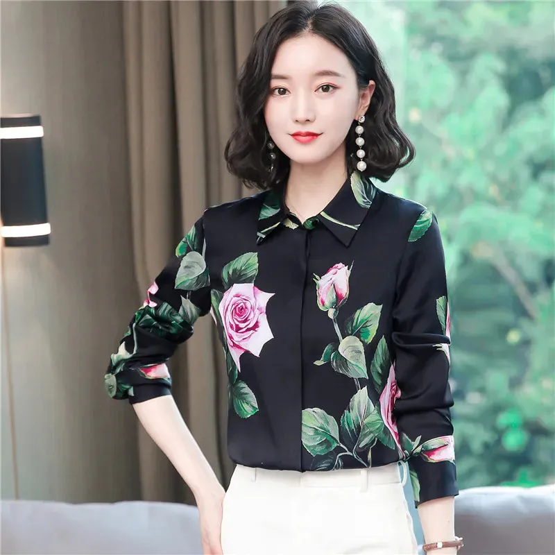 Luxury Silk Satin Retro Floral Shirt Women Designer Long Sleeve Blue Casual Button Up Blouses  Autumn Winter Classic Lapel Runway Shirts Office Ladies Cute Tops