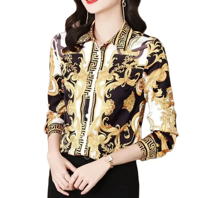 Luxury Silk Satin Retro Floral Shirt Women Designer Long Sleeve Blue Casual Button Up Blouses  Autumn Winter Classic Lapel Runway Shirts Office Ladies Cute Tops