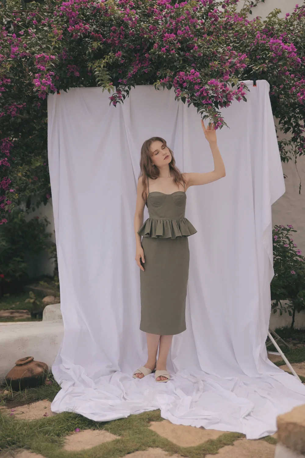 MARBELLA Sweetheart Cut Neckline Midi Dress with Peplum Detail (Olive Green Linen)