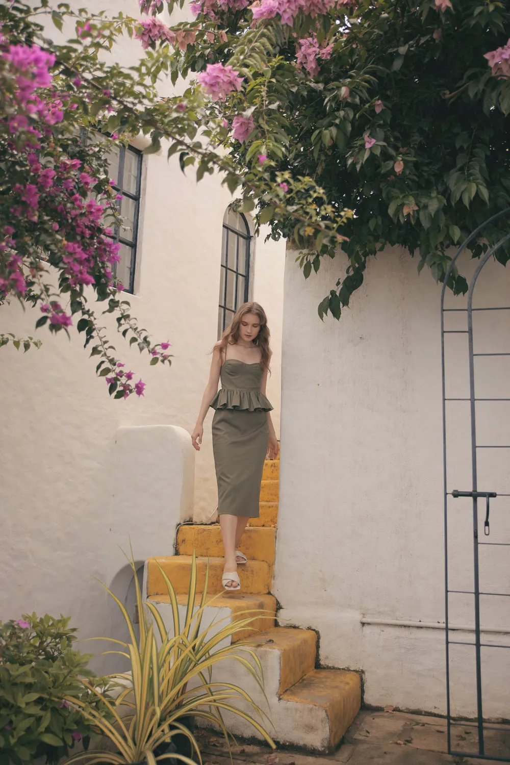 MARBELLA Sweetheart Cut Neckline Midi Dress with Peplum Detail (Olive Green Linen)