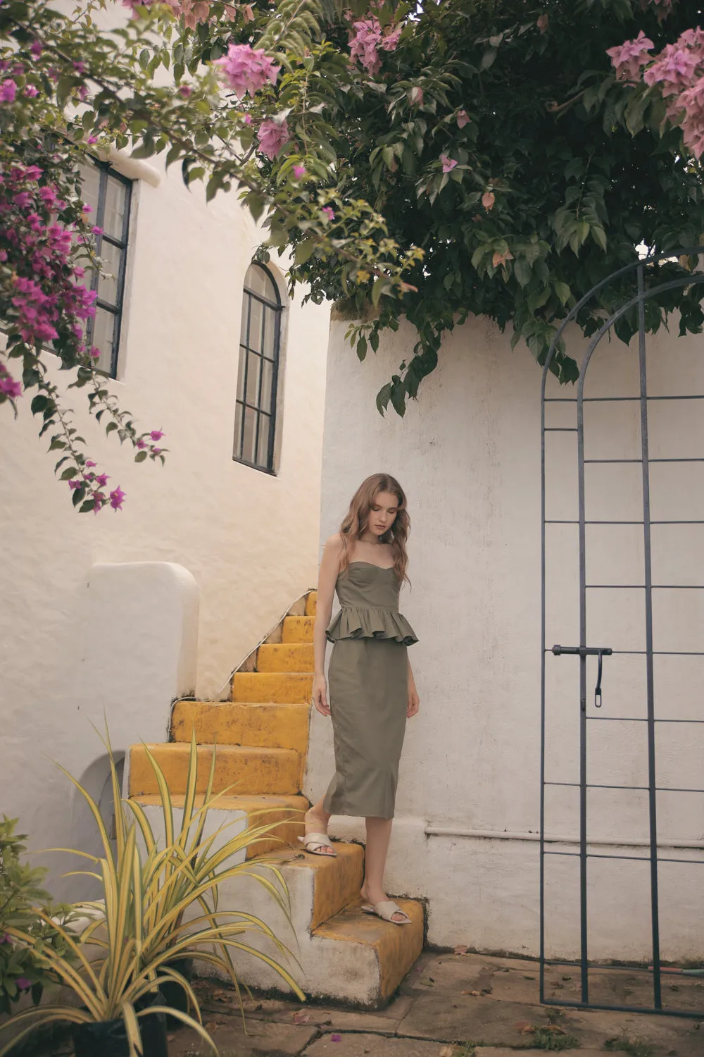 MARBELLA Sweetheart Cut Neckline Midi Dress with Peplum Detail (Olive Green Linen)