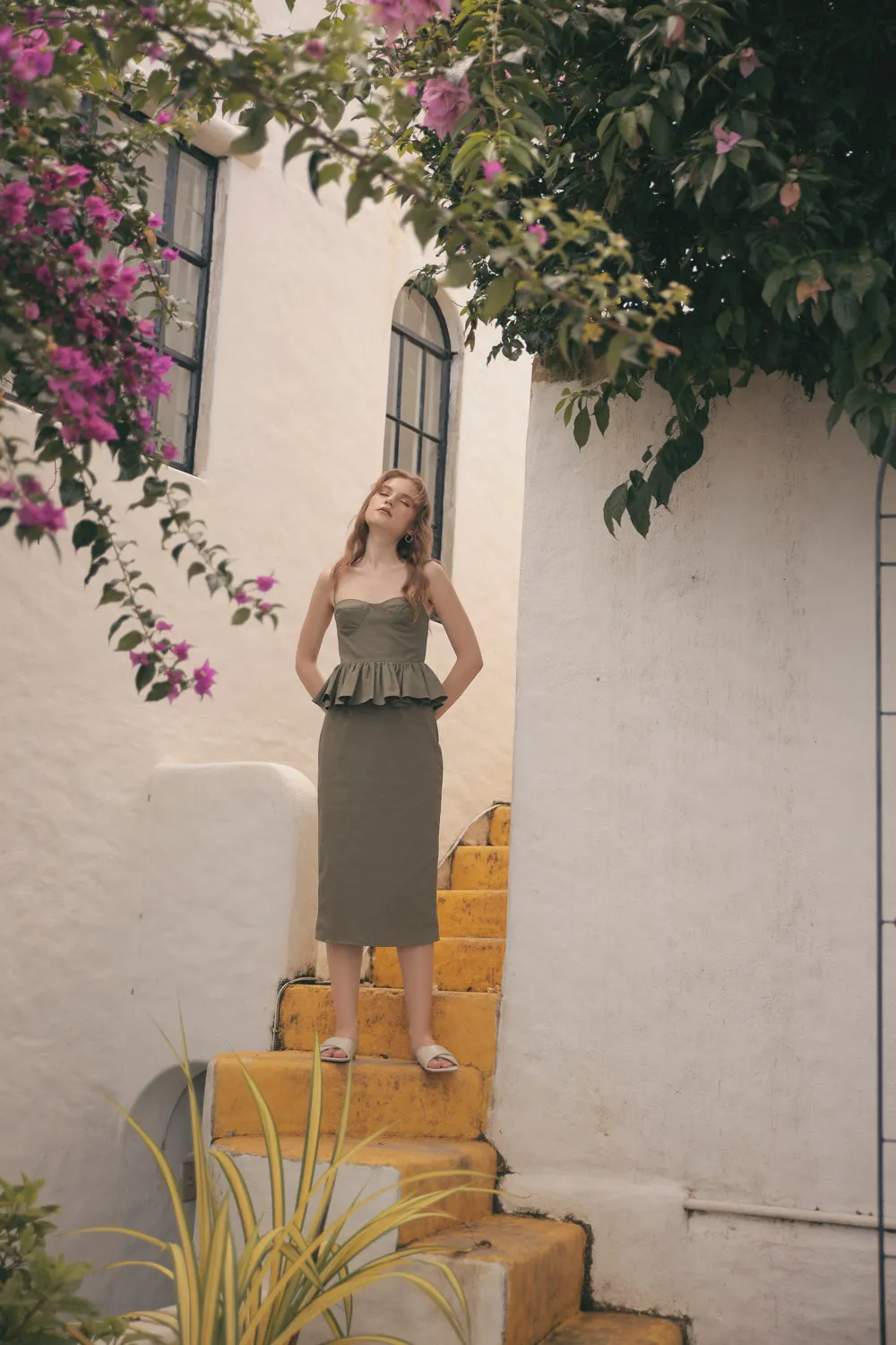 MARBELLA Sweetheart Cut Neckline Midi Dress with Peplum Detail (Olive Green Linen)
