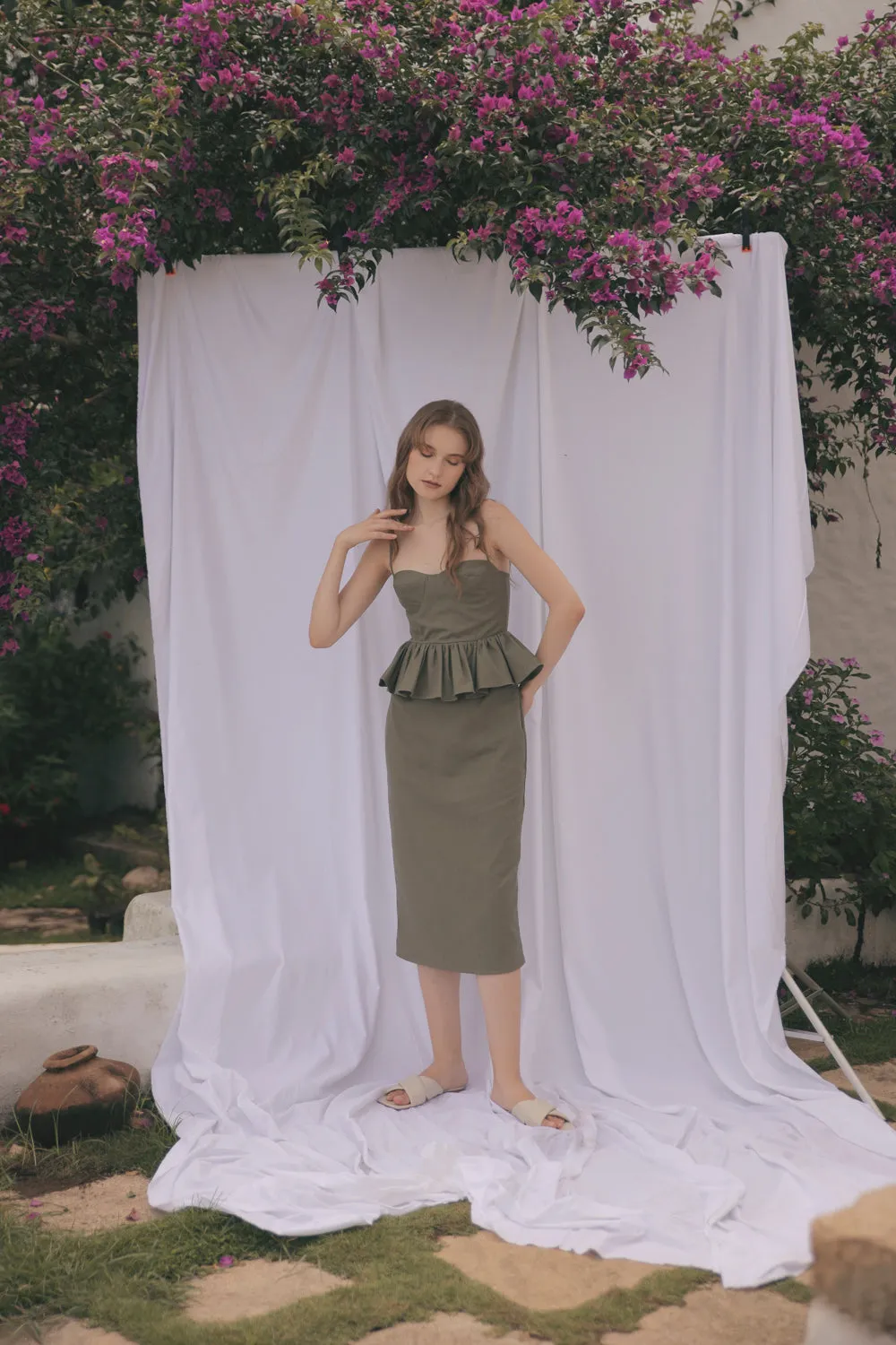 MARBELLA Sweetheart Cut Neckline Midi Dress with Peplum Detail (Olive Green Linen)