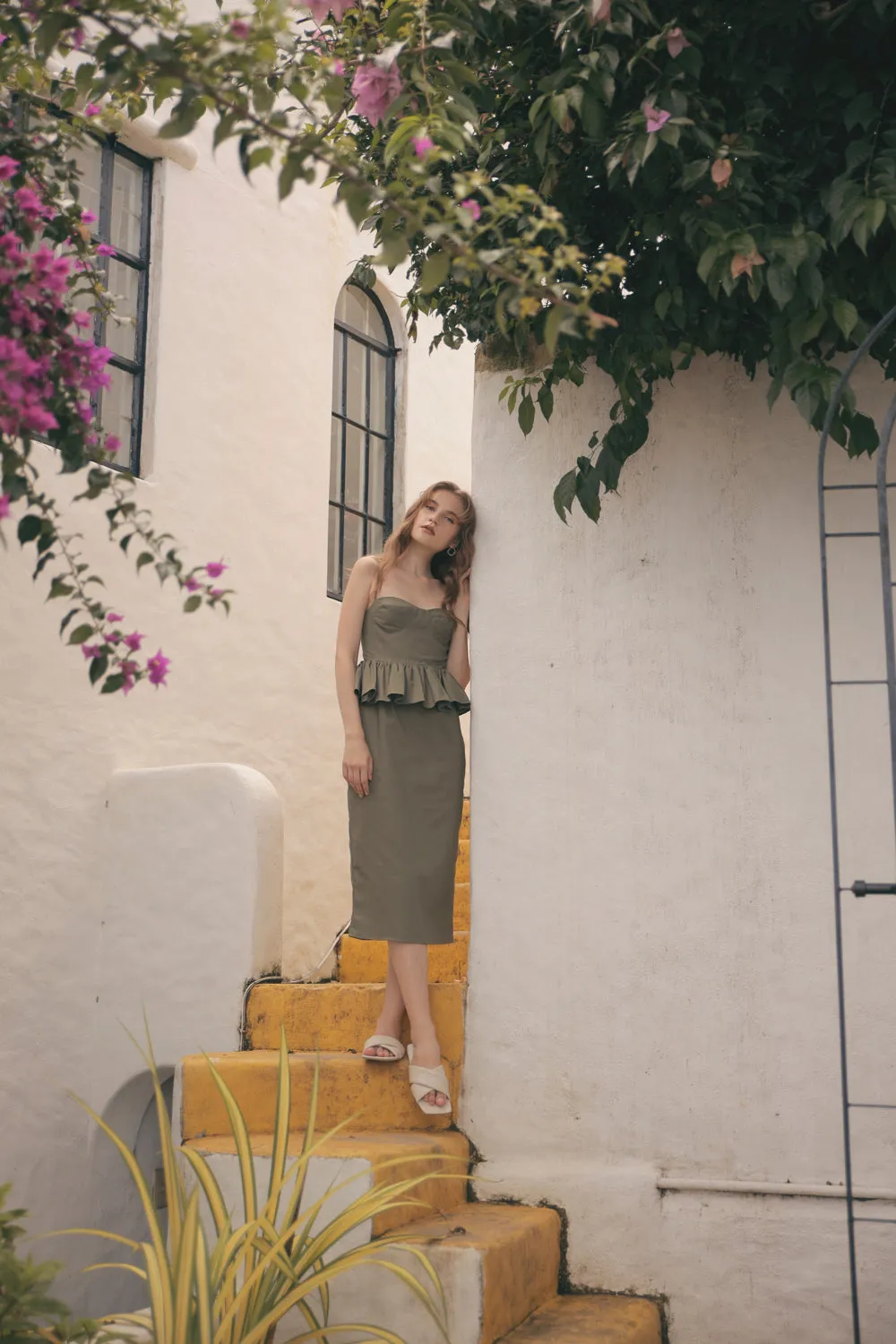 MARBELLA Sweetheart Cut Neckline Midi Dress with Peplum Detail (Olive Green Linen)