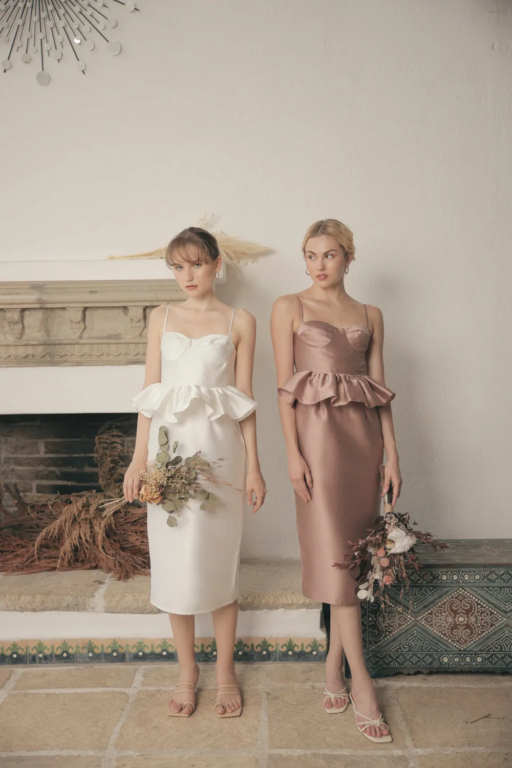 MARBELLA Sweetheart Cut Neckline Midi Dress with Peplum Detail (Taupe Gazar)