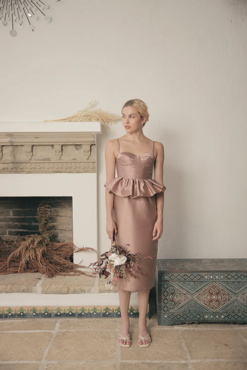 MARBELLA Sweetheart Cut Neckline Midi Dress with Peplum Detail (Taupe Gazar)