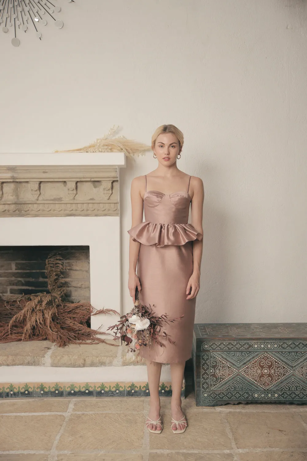 MARBELLA Sweetheart Cut Neckline Midi Dress with Peplum Detail (Taupe Gazar)