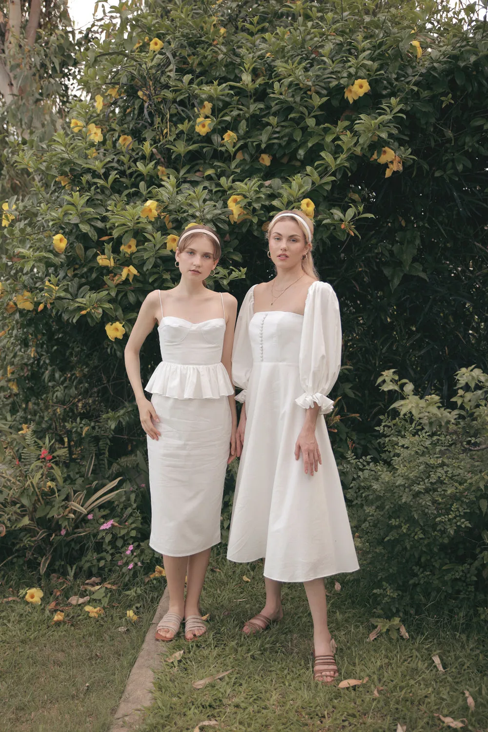 MARBELLA Sweetheart Cut Neckline Midi Dress with Peplum Detail (White Linen)