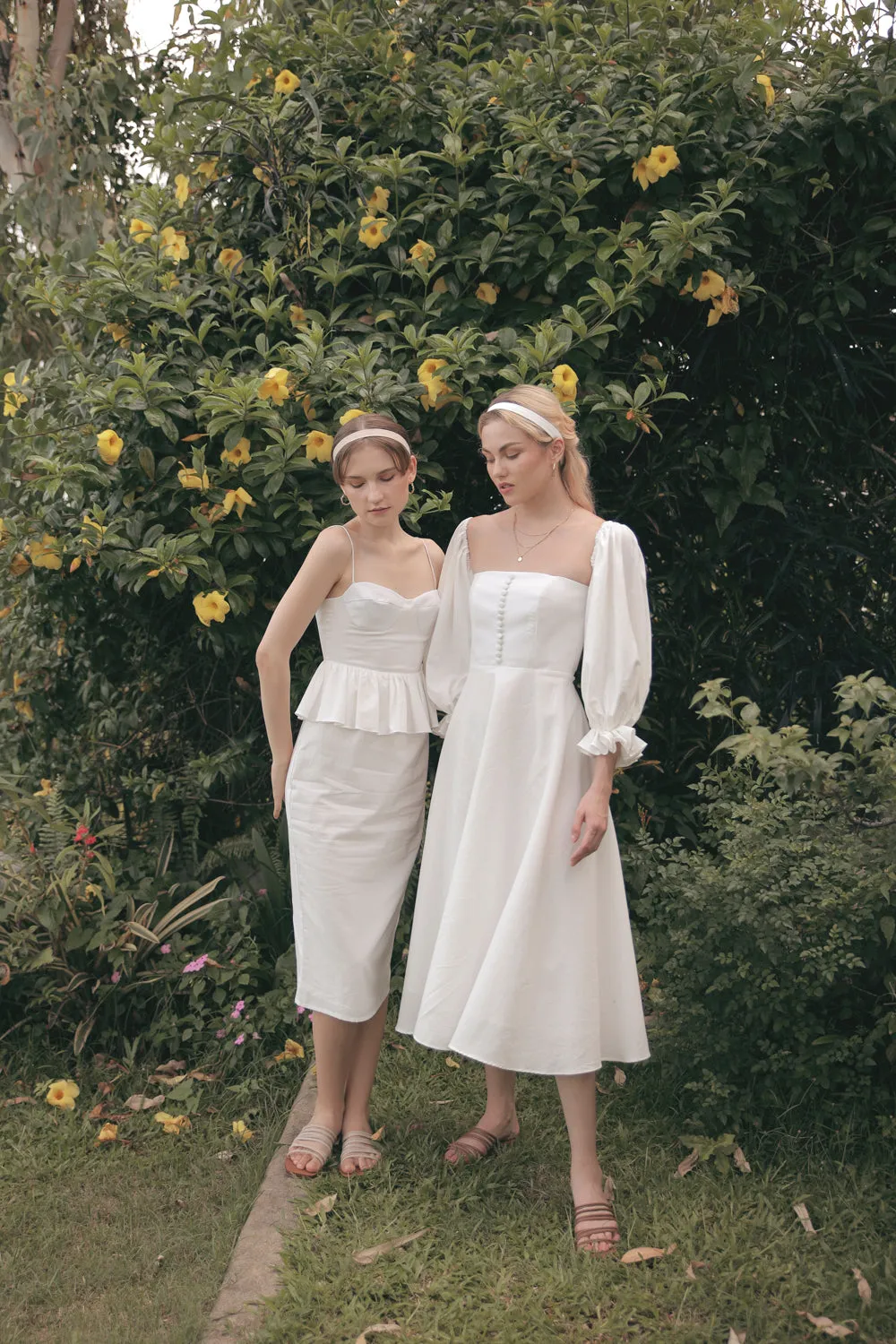MARBELLA Sweetheart Cut Neckline Midi Dress with Peplum Detail (White Linen)