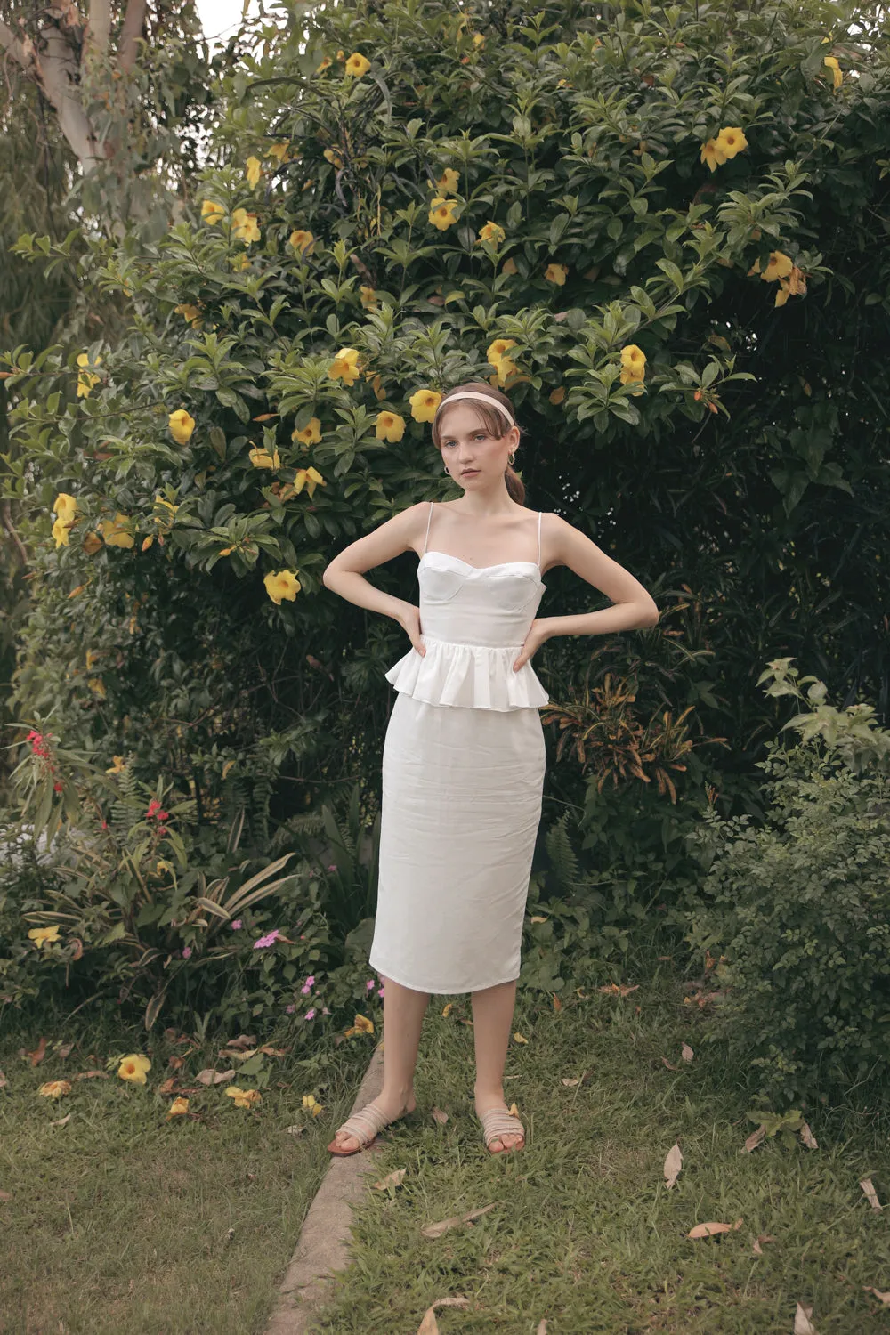 MARBELLA Sweetheart Cut Neckline Midi Dress with Peplum Detail (White Linen)