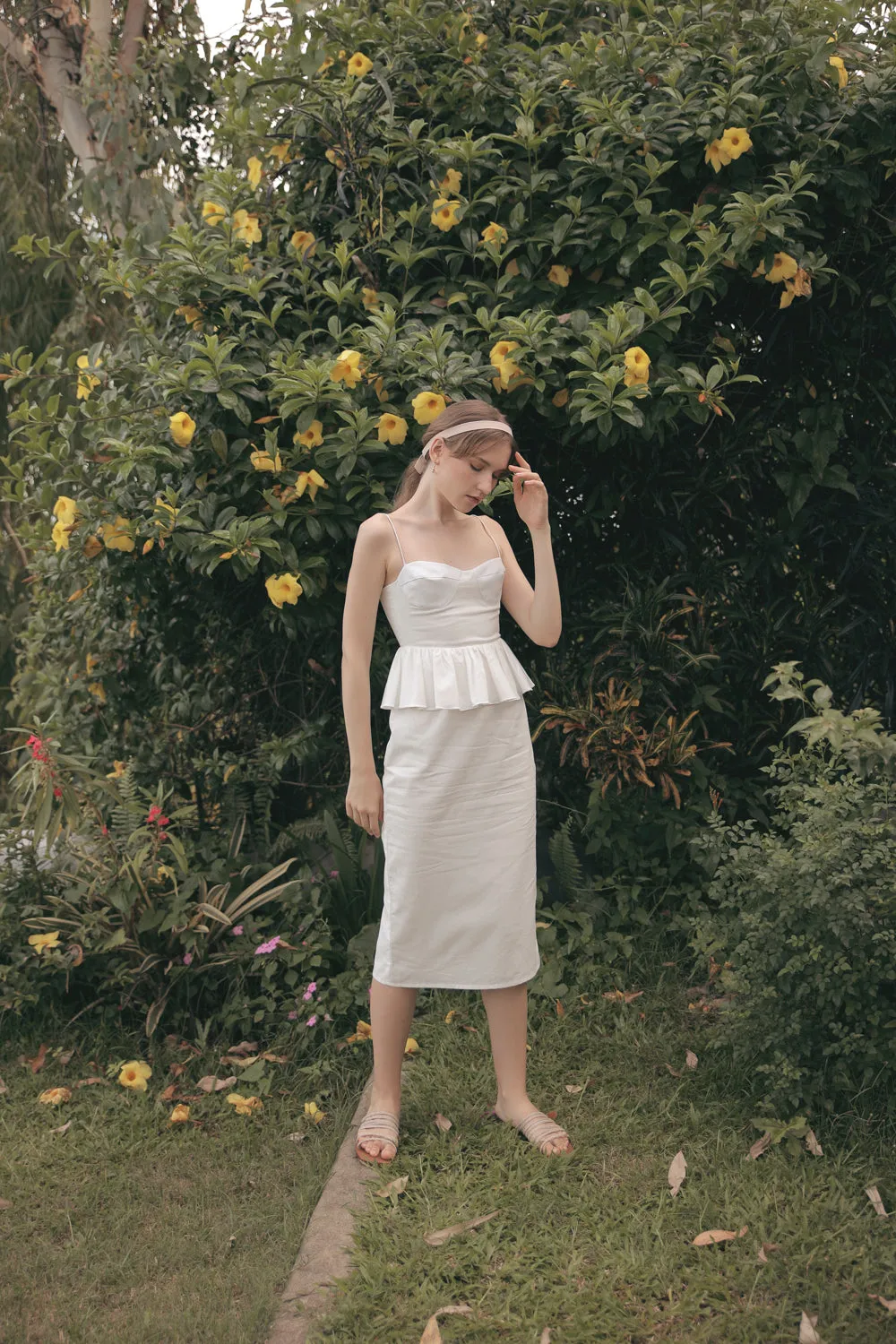 MARBELLA Sweetheart Cut Neckline Midi Dress with Peplum Detail (White Linen)