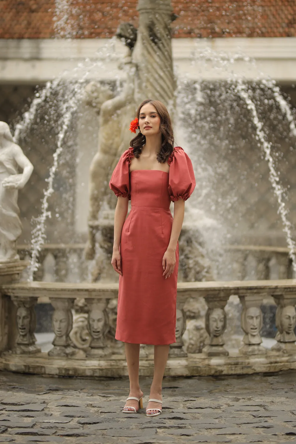 MARICRUZ Puff Sleeve Cross Tie Back Midi Dress (Rust Linen)
