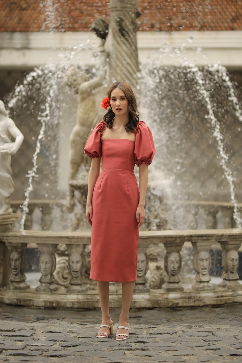 MARICRUZ Puff Sleeve Cross Tie Back Midi Dress (Rust Linen)