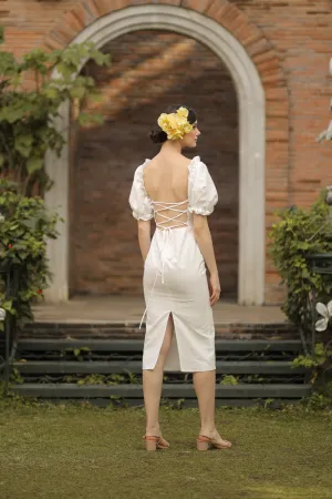MARICRUZ Puff Sleeve Cross Tie Back Midi Dress (White Linen)