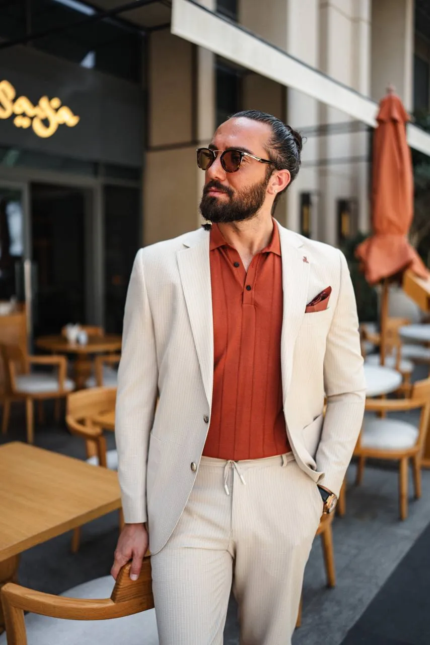 Men's Beige Mono Collar Slim Fit Suit