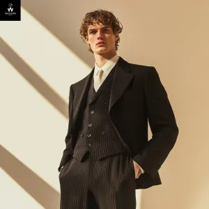 Men’s Black Pinstripe 3-Piece Suit – Custom Tailored Fit with Wide Peak Lapel & Silk Lining